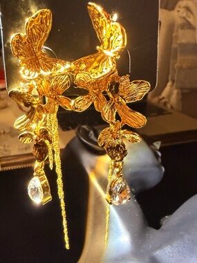 Gold Butterfly and Floral Drop Earrings with Clear Teardrop Crystals and tassel